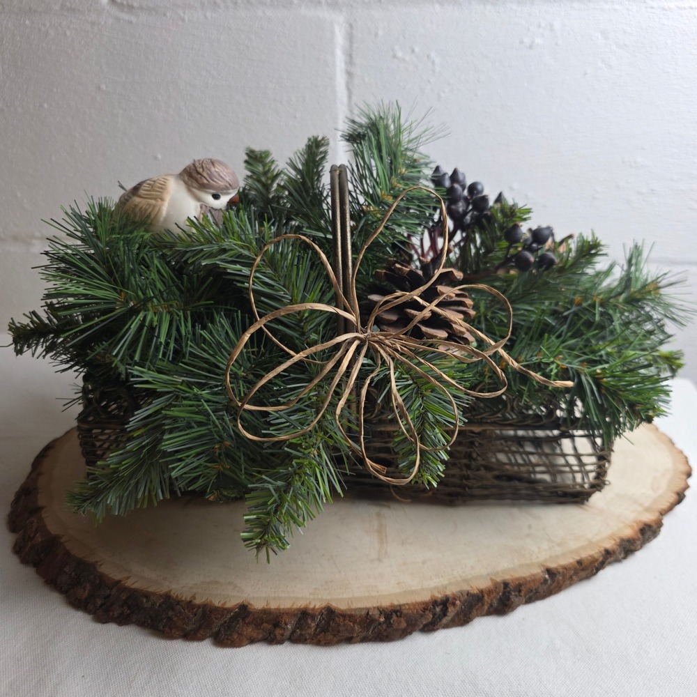 Rustic Woodland Centerpiece Faux Pine Berry Wire Basket Ceramic Bird